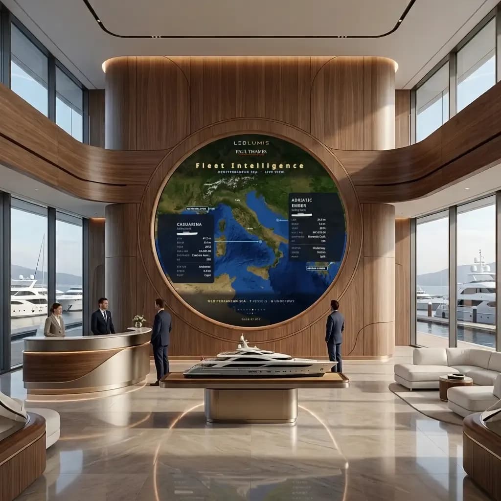 A circular LED display set into the walnut wall of a marina headquarters, showing a live fleet map of the Mediterranean above a yacht model on a plinth.