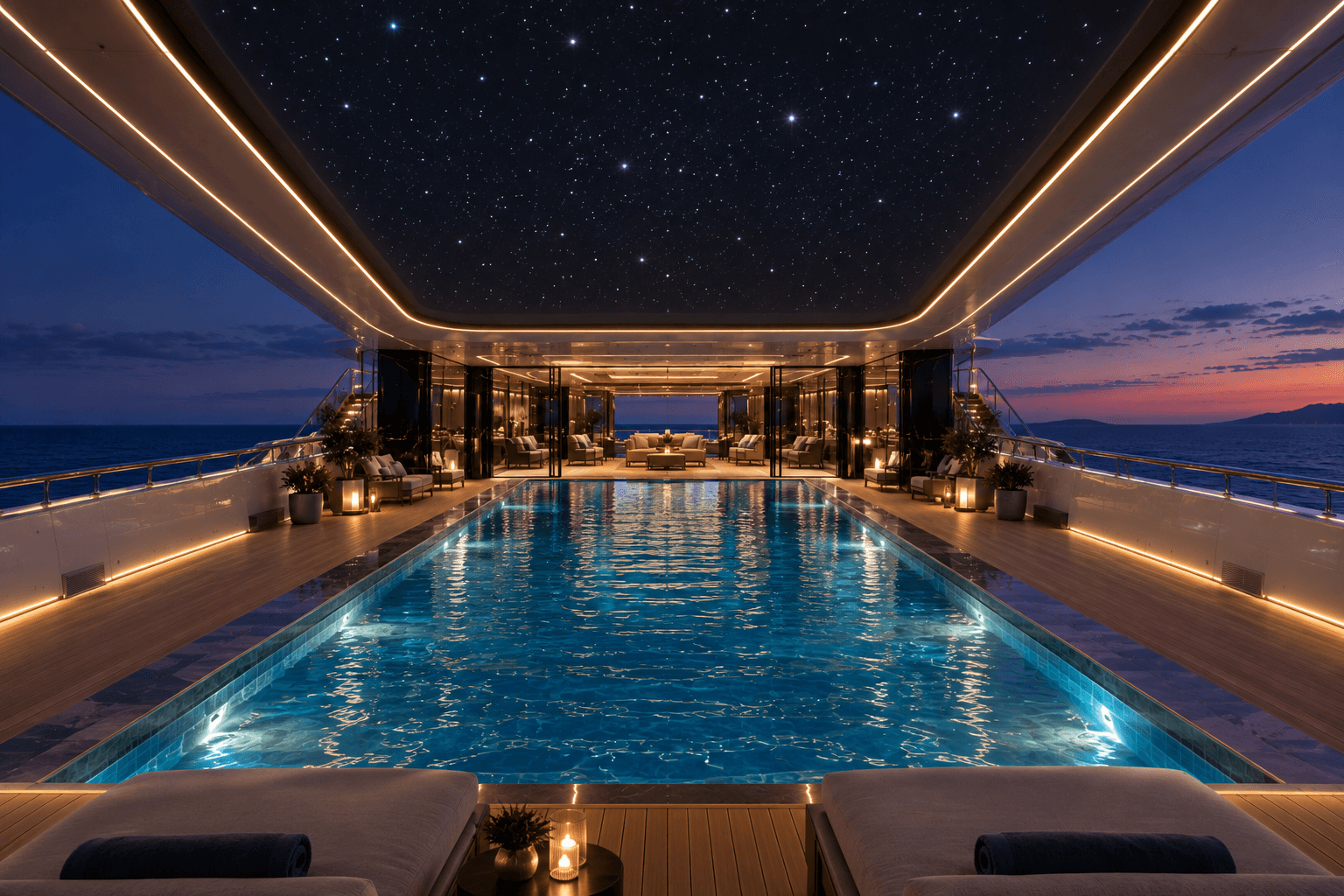 A serene starry night ceiling above a massive pool on a superyacht
