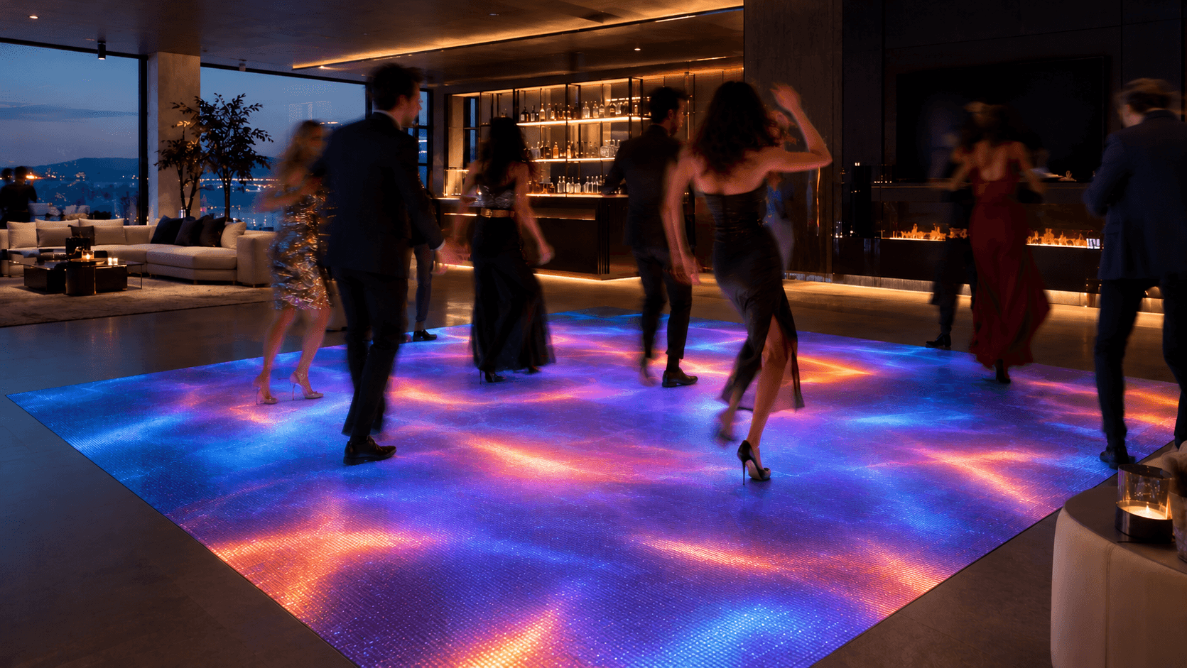 Luxury home entertainment room featuring a large seamless LED video dance floor displaying colorful real-time music visualizations while people dance.