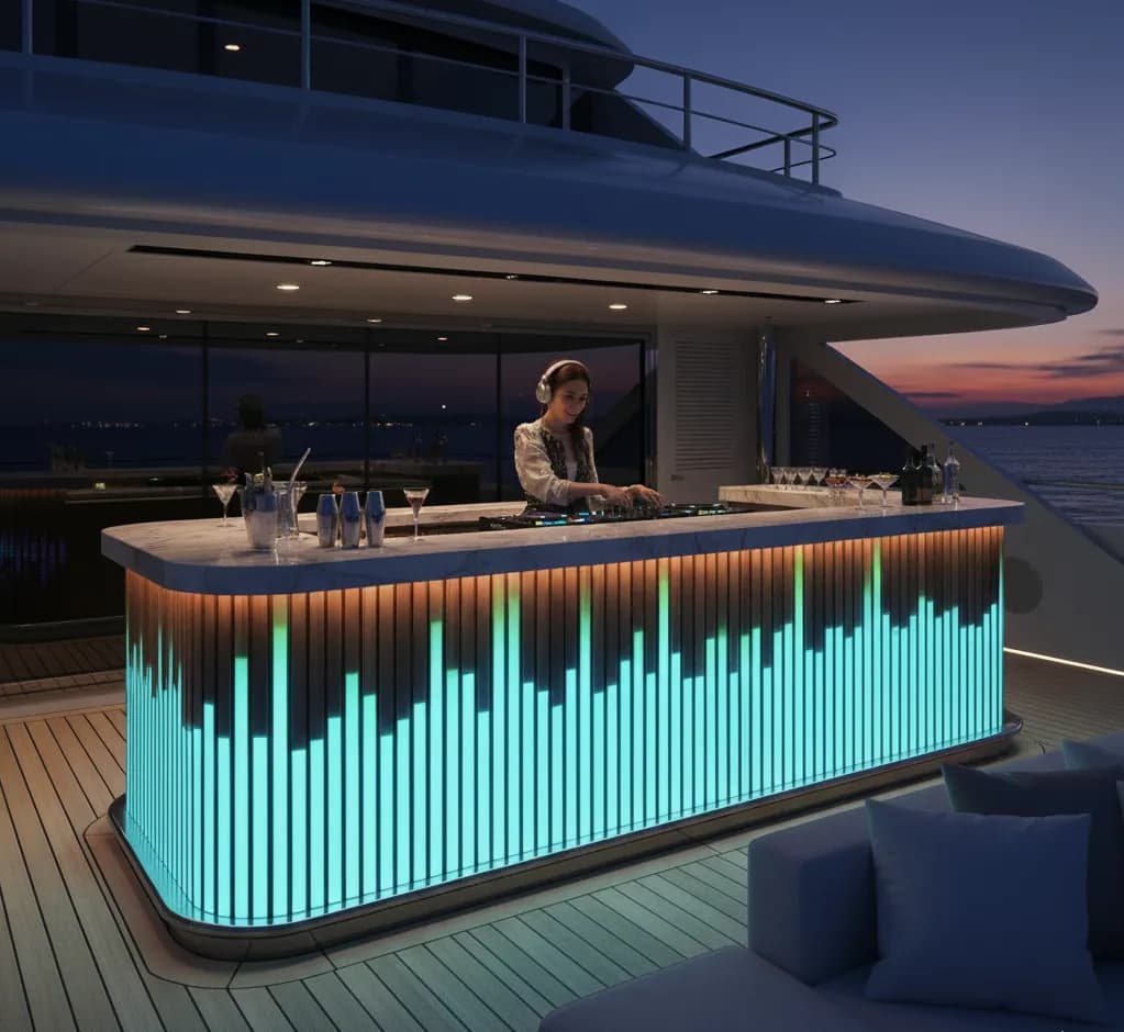 LED pixel lighting in a yacht bar area with DJ booth