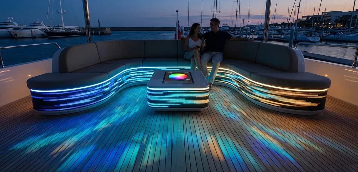 Exterior sofa area with ambient pixel lighting