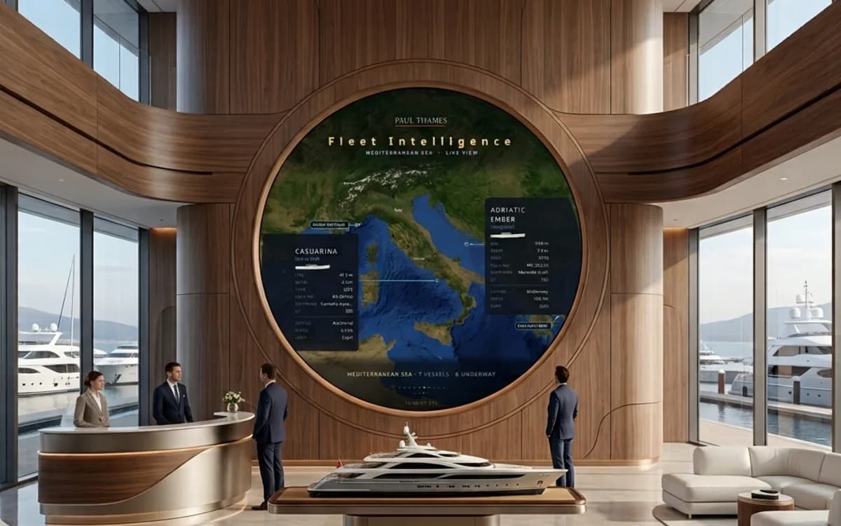 A circular LED display in a yacht lobby, showing live fleet tracking