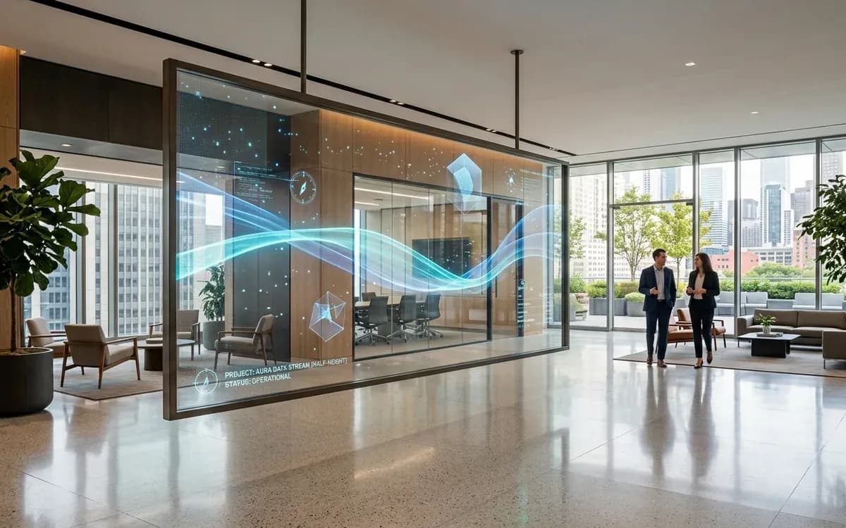 A transparent screen suspended in an office lobby, carrying a flowing blue data visualisation while the meeting room behind it stays fully visible through the glass.